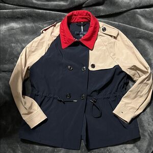 Tommy Hilfiger Burberry Navy and Beige Trench Coat with Red Collar
